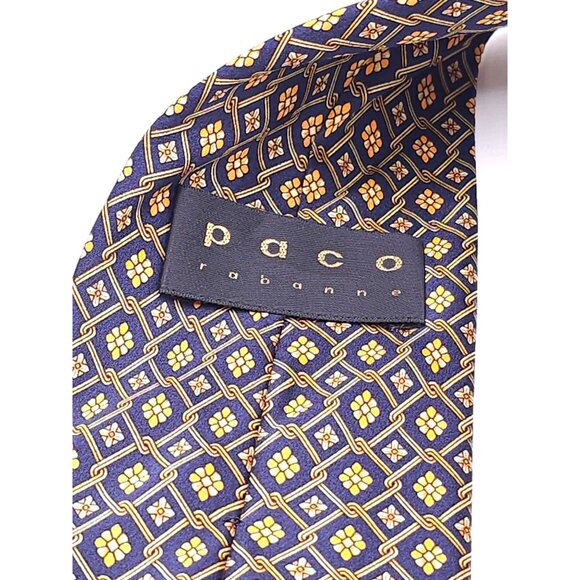 Paco Rabanne Mens Silk Tie Geometric Floral Pattern Navy & Gold Made In Italy - Picture 2 of 13